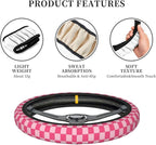 Hot Pink Checkered Steering Wheel Cover for Women, Steering Wheel Covers with Anti-Slip Lining, Universal 14.5-15 inchs Car Interior Accessories with 2PCS Car Coasters Suitable for Men and Women
