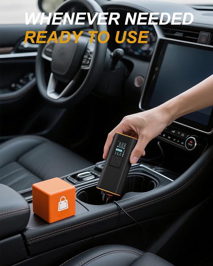 Tire Inflator Portable Air Compressor for Bike, Car, Motorcycle - 150PSI Air Pump for Car Tires with Precision Sensor, 6000mAh Battery, LCD Display, Emergency LED Light