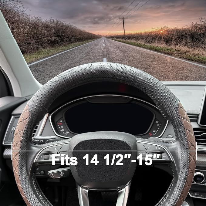 Nappa Leather Steering Wheel Cover,Elegant Diamond Checkered Design, Non-Slip wear-Resistant, Enhance Driving Comfort, Suitable for Steering Wheel Diameter 14 1/2‘-15’ Models.Black Brown