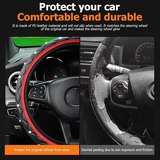 Bling Car Steering Wheel Cover, Non-Slip Elastic Stretch Leather Auto Steering Wheel Protector, Sparkling Diamond Vehicle Decor Accessories for Women Girls, Universal for Vehicles (Red)