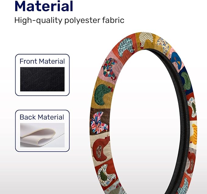 Chicken Patchwork Steering Wheel Cover, Polyester Non-Slip Car Wheel Grip, Universal 15 Inch Auto Accessory