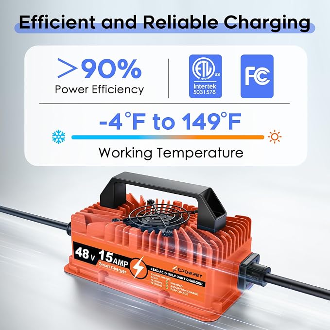 48 Volt Golf Cart Battery Charger 15 AMP for Club Car Precedent & DS Series with 3-Pin Round Plug- Lead Acid