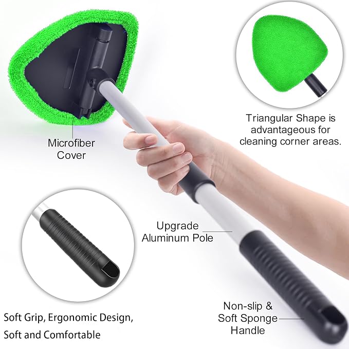 Windshield Cleaning Tool, Car Window Cleaner Windshield Cleaner with 4 Reusable and Washable Microfiber Pads and Extendable Handle Auto Inside Glass Wiper