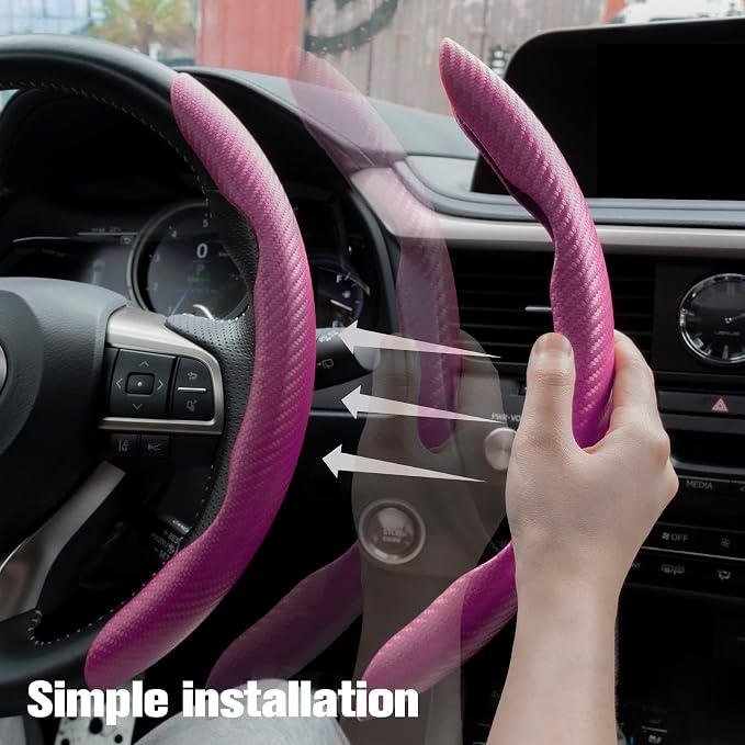 2pcs Carbon Fiber Anti-Skid Steering Wheel Cover, Waterproof & Segmented Butterfly Design, Universal 99% Vehicle Wheel Cover Protector, Car Interior Accessories (Pink-2pcs)