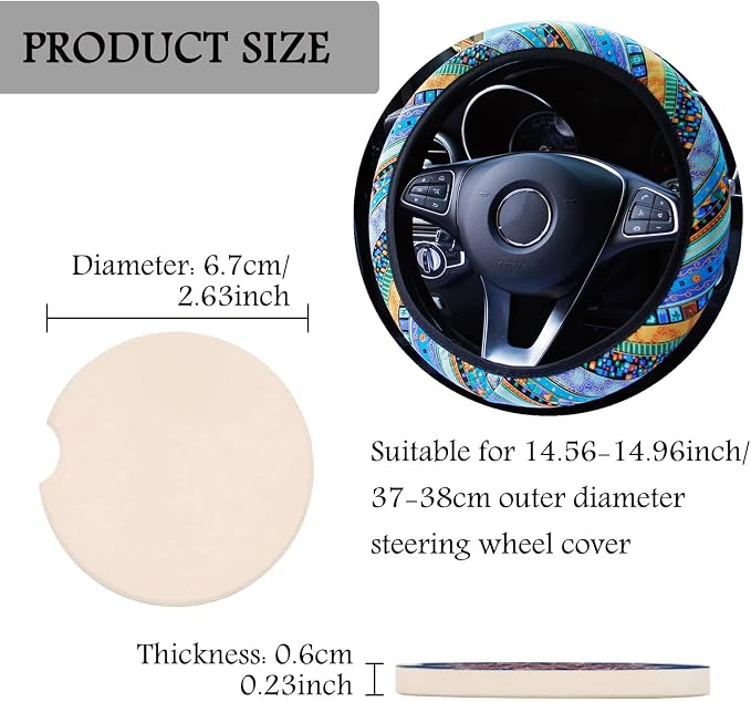 3 Pack Boho Steering Wheel Cover with Car Cup Holder Coasters Universal Baja Hippie Bohemian Style Steering Wheel Covers Cute Car Steering Wheel Cover for Women Girl 15 Inch (Blue)