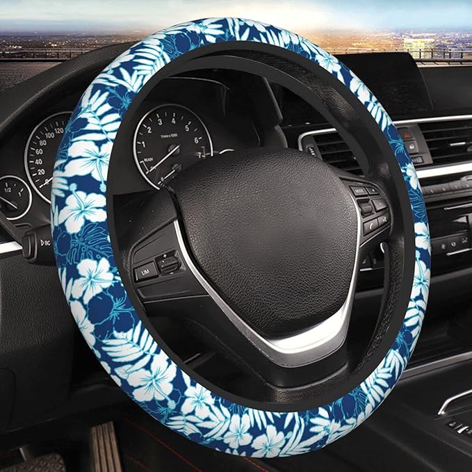 Hawaiian Hibiscus Flower Steering Wheel Cover Non-Slip Auto Steering Wheel Protector Car Accessories Universal Fit 15 Inches for Men Women