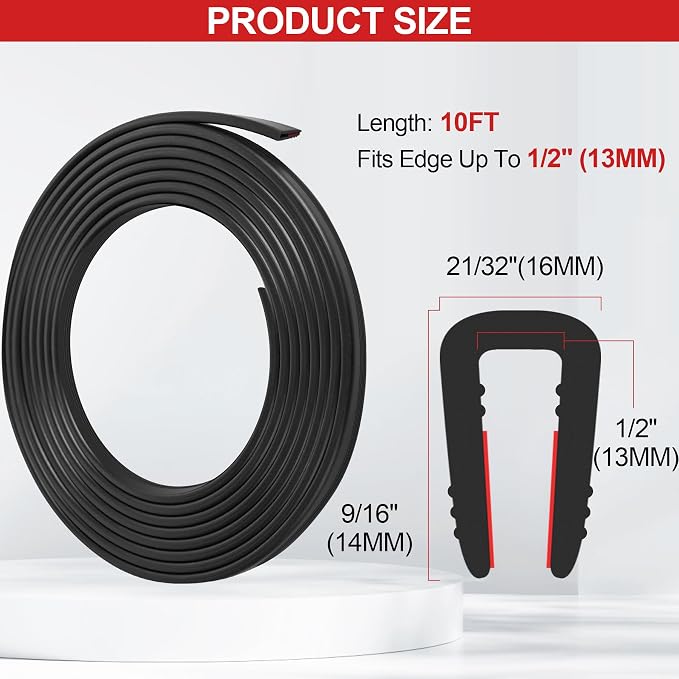 Rubber Edge Trim U Channel, 1/2" Self Adhesive Sheet Metal Edge Guard Protector, EPDM Seal Strip for Car Doors, Steel Plates, Glass, Hatches, Table Corners, Fit 1/2"(13mm), 10Ft, Black