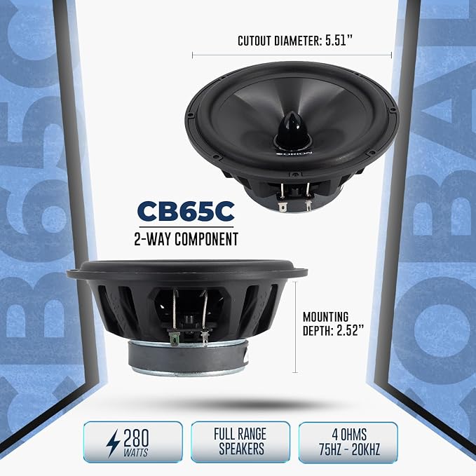 ORION Cobalt Series CB65C 2-Way Car Audio Component System - 6.5” Speakers, Full Range, Enhanced Bass, 280W, 4 Ohms, Easy Installation, 1” Silk Dome Tweeter, External Passive Crossover (Pair)