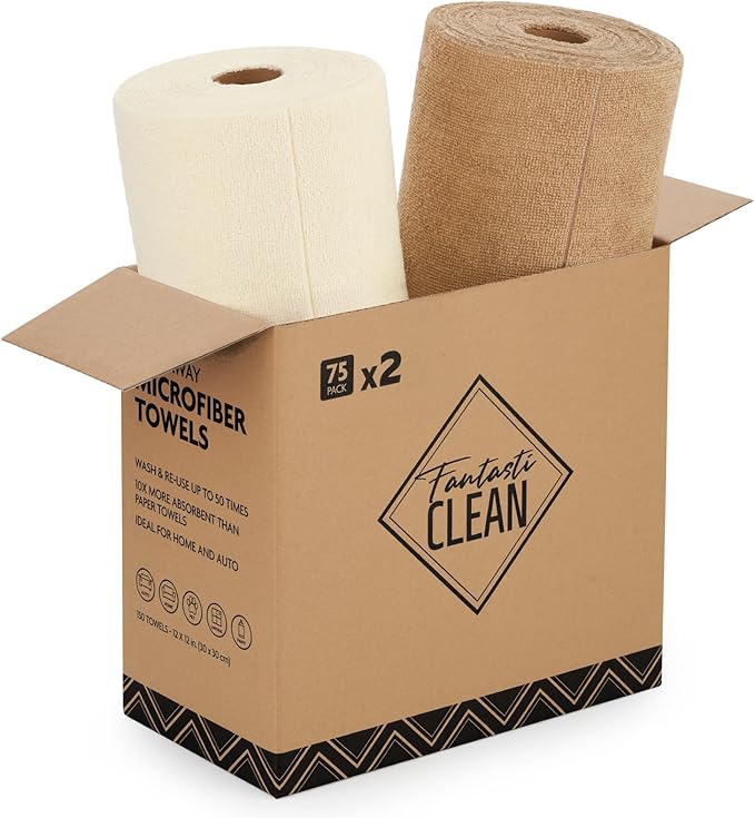 Microfiber Cleaning Cloth Rolls-150 Sheets,12"x12"(TAN,Beige) | Super Absorbent, Lint-free, Tear-away Microfiber Towel Roll, for All-Purpose Cleaning