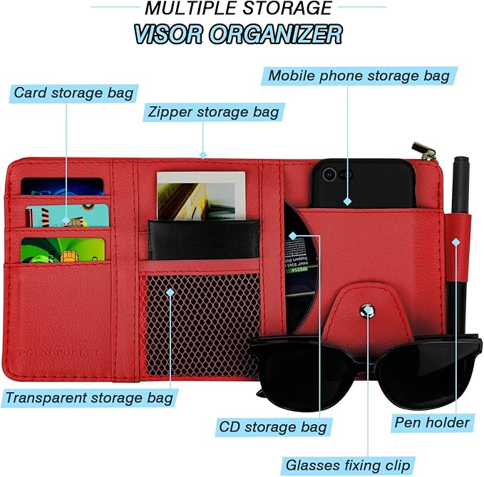 Car Sun Visor Organizer, Leather Pocket Organizer Sunglass Holder for Car Interior Accessories with Multi-Pocket Net Zipper (Red)