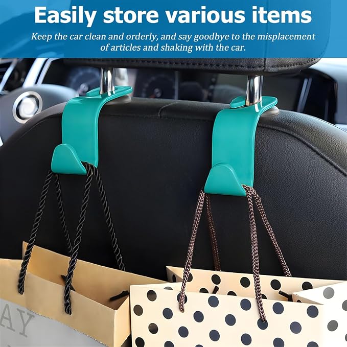 Car Seat Headrest Hook, 4PCS Vehicle Seat Back Hanger Storage Organizer for Purse Bag Coat, Auto Interior Hanging Holder Organization Accessories, Universal for SUV Sedan Truck (Cyan)