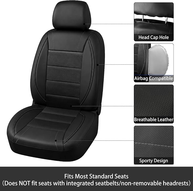 10 PCS Leather Car Seat Covers Front Set, 14.5”-15'' Sporty Steering Wheel Cover Universal, Center Console Cover, Seat Belt Cushion, Cup Holder Coaster, Car Interior Set Black