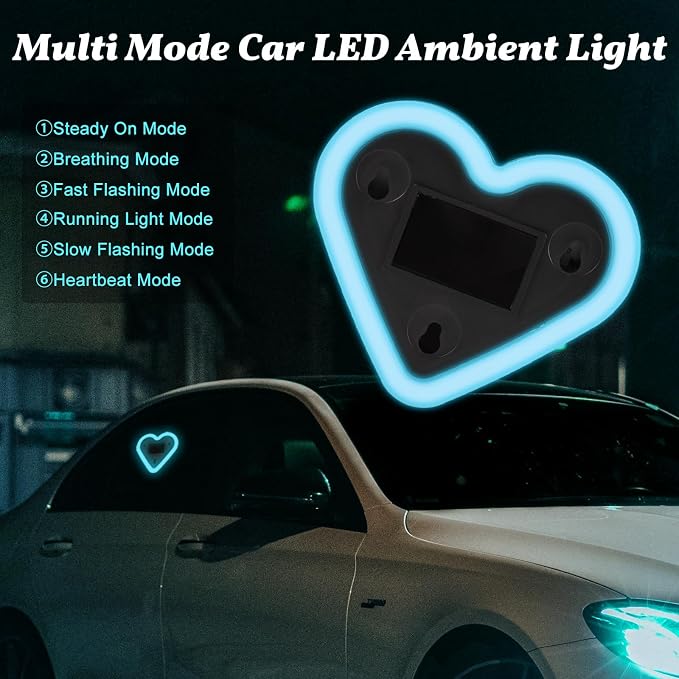 Upgrade Car Light LED Ambient Lights Heart Solar Lights Solar-Powered Heart-Shaped Neon Lights for Car Window Decorative 5 Modes Interior Outdoor Decor (Ice Blue)