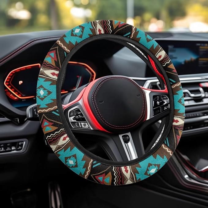 Southwest Aztec Teal Brown Car Steering Wheel Cover Soft Stretch Auto Steering Wrap Protector for Women Men, Universal Auto Accessories Fit Most Vehicles