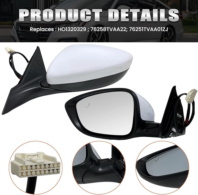 Left Driver Side Mirror Compatible with 2018-2022 Honda Accord LX Sport Power Glass | Heated | with Blind Spot | Manual Folding Repalces HO1320329 (7Pins-Pearl White)