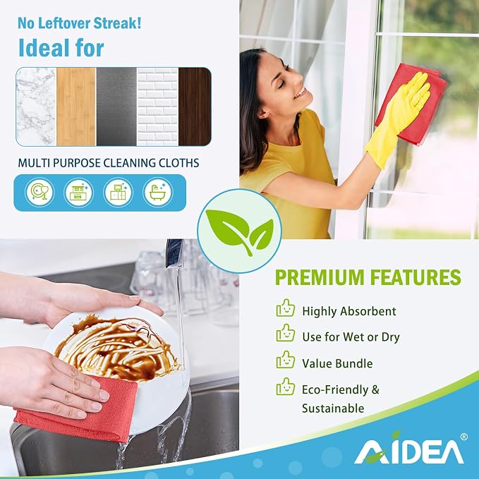 AIDEA Microfiber Cleaning Cloth Red-100PK, Soft Absorbent Shop Rags, Microfiber Towels for Cars, Kitchen Towels, Dusting Cloth for Home, Window, Cleaning Supplies, 12"×12"