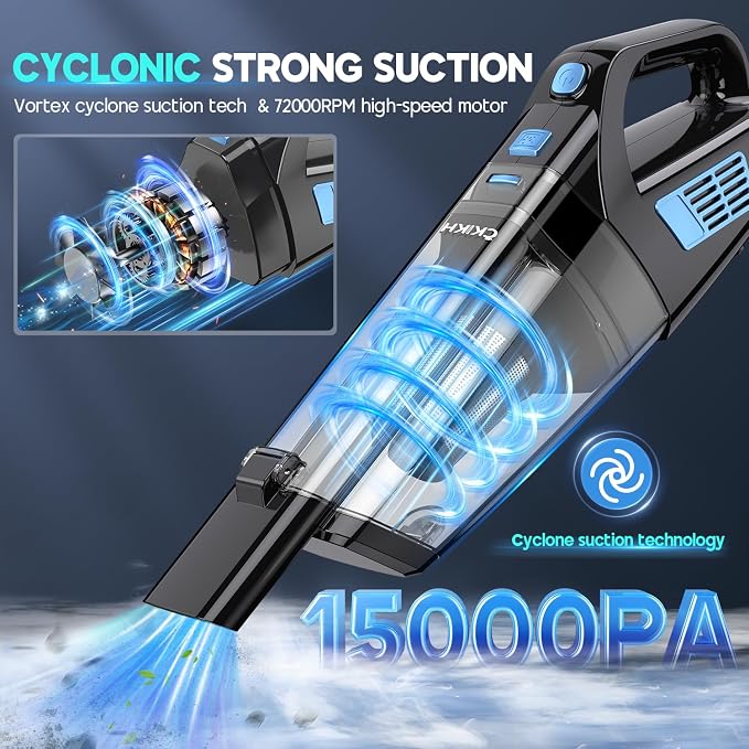 Handheld Vacuum Cordless, 15000PA Strong Suction Hand Held Car Vacuum Cleaner Portable with Multi-Nozzles & Washable Filter, Lightweight Rechargeable Vacuum Cleaner for Home, Car, Office, Pets