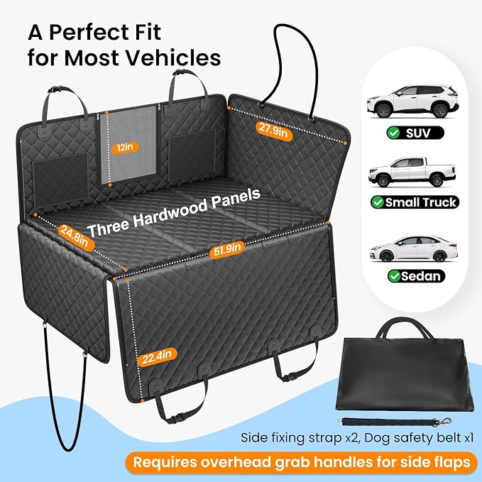 2.0 Hard Bottom Back Seat Extender for Heavy-Duty Dogs, Dog Car Seat Cover with Cushion Sponge, Waterproof Dog Hammock with Mesh Window for Car, Universal Fits for SUV/Small Truck, L, Black