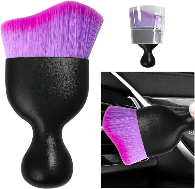 Car Detailing Brush, Curved Soft Bristles Auto Removal Dust Collectors, Universal Vehicle Dashboard, Air Conditioner Vents etc Interior Cleaning Tool Accessories (Double Purple)