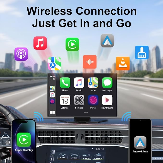 9" Wireless Apple CarPlay & Android Auto Car Screen with 4K Dash Cam, Portable Touchscreen Display with 1080p Backup Camera, GPS Navigation, Mirror Link, Bluetooth 5.0, FM Transmitter & Voice Control