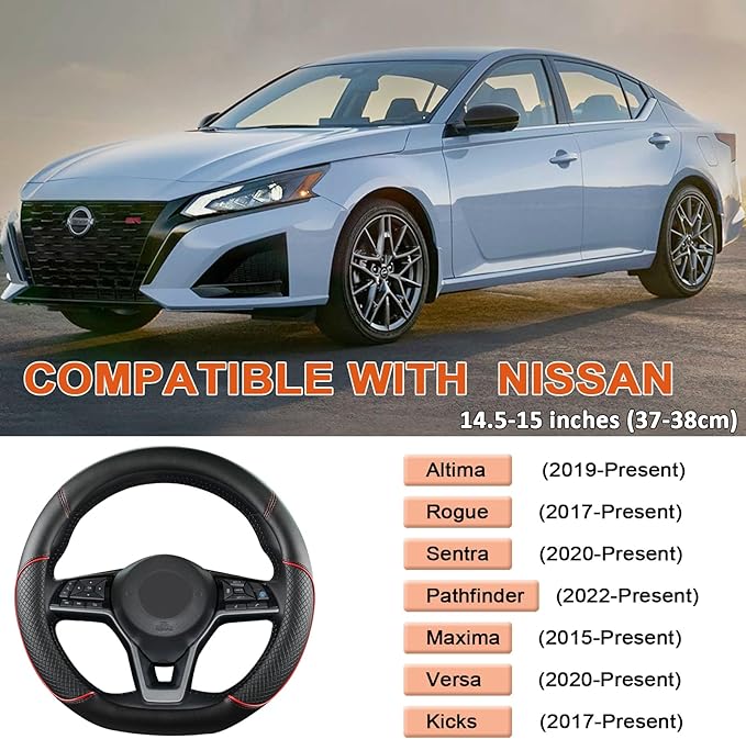 D Shape Steering Wheel Cover for Nissan Rogue Kicks - Auto Car Steering Wheel Cover Customized for Nissan Altima Sentra(Black+Red Line-D-Shaped)