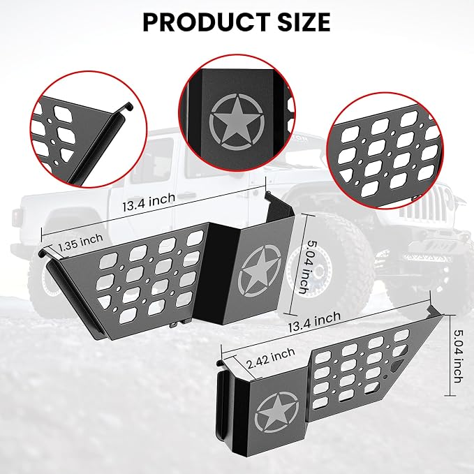 Metal Rear Door Pocket Storage Box for Jeep Wrangler JL JLU 4XE 2018-2026 & Gladiator JT 2020-2023 2023 2024 2025 2026 Accessories Door Storage Organizer Molle Panels, Star, 2PCS