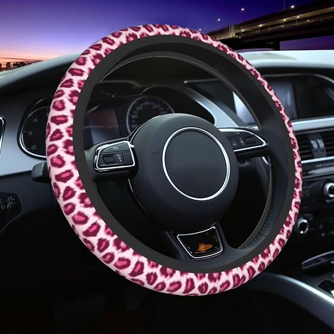 Pink Leopard Pattern Steering Wheel Cover Pink Cheetah Pattern Steering Wheel Cover Anti-Slip Breathable 15 Inch Universal 2 Pcs Car Interior Cup Holder Pad for Men Women