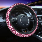 Pink Leopard Pattern Steering Wheel Cover Pink Cheetah Pattern Steering Wheel Cover Anti-Slip Breathable 15 Inch Universal 2 Pcs Car Interior Cup Holder Pad for Men Women