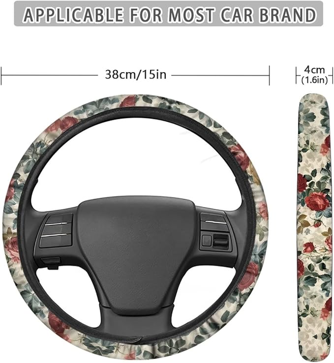 Car Steering Wheel Cover Retro Rose Red Yellow Pattern Easy to Install Car Wheel Cover Protector Car Decoration Steering Wheels Accessories for Van Car SUV Truck
