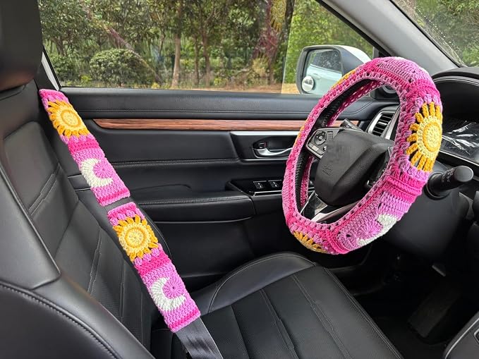 Handmade Crochet Sun and Moon Car Steering Wheel Covers Universal 14-15 inch for Women and Men (A,Steering Wheel Cover+2 Belt Cover)