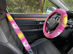 Handmade Crochet Sun and Moon Car Steering Wheel Covers Universal 14-15 inch for Women and Men (A,Steering Wheel Cover+2 Belt Cover)