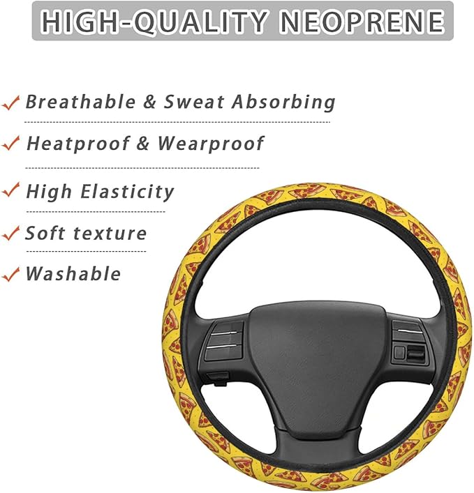 Funny Food Cartoon Pizzas Steering Wheel Covers Anti-Slip Elasticity Car Accessories Steering Wheel Protector Universal 15 Inch for Cars SUV Vehicle Truck