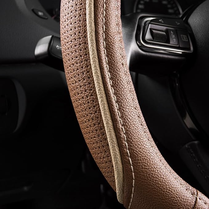 Brown Delux Leather Steering Wheel Cover, Universal Fit for Suvs,Sedans,Vans,Small Trucks for 14.5" to 15"(Brown & Beige Piping)