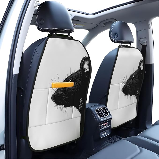 Rat Head Looking Silhouette Car Seat Back Kick Protectors,2 Pack Kick Mats with Storage Pockets for Vehicles to Protect from Dirt Mud Scratches