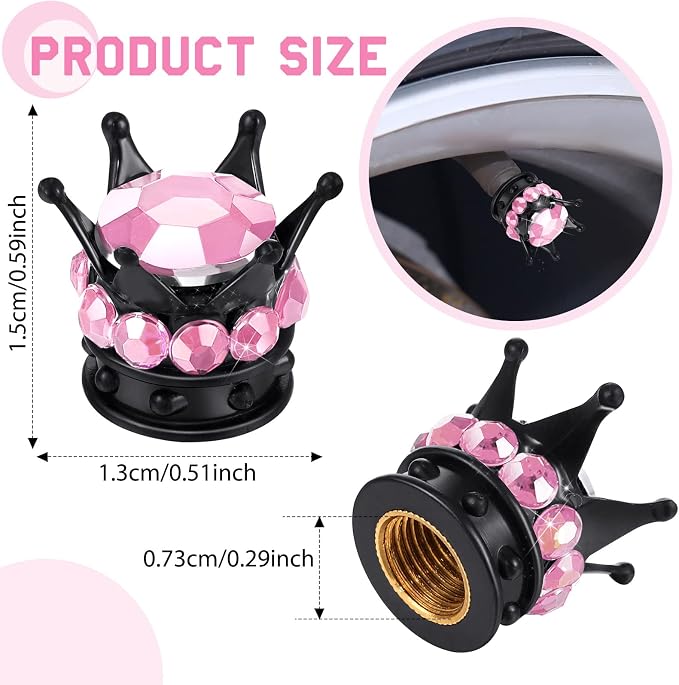 4 Pieces Crown Tire Valve Stem Caps Bling Handmade Crystal Rhinestone Universal Chrome Crown Vehicle Car Tire Caps Covers, Attractive Accessories for Car (Pink and Black)