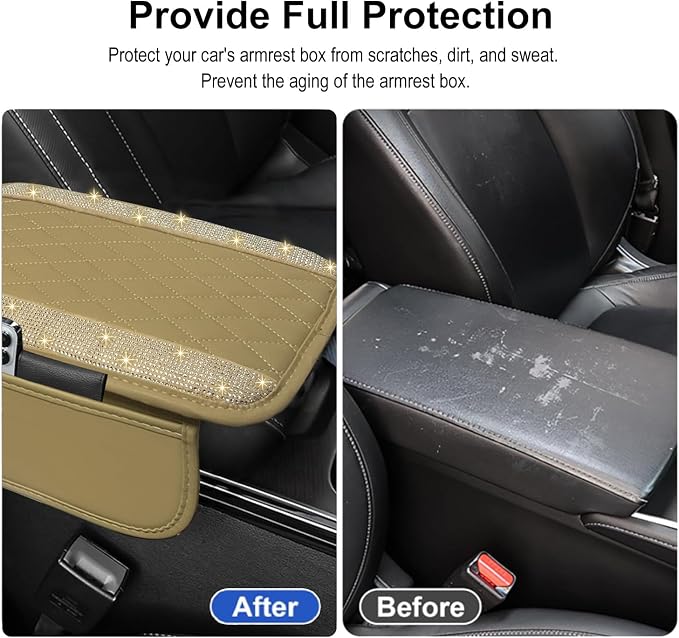 Bling Beige Car Center Console Cover, Leather Car Arm Rest Cover with 2 Storage Bags, Universal Auto Armrest Protector Storage Box, Bling Accessories Interior for Most Vehicles