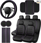 14 PCS Leather Car Seat Covers Full Set, 14.5”-15'' Sporty Steering Wheel Cover Universal, Center Console Cover, Seat Belt Cushion, Cup Holder Coaster, Car Interior Set Purple