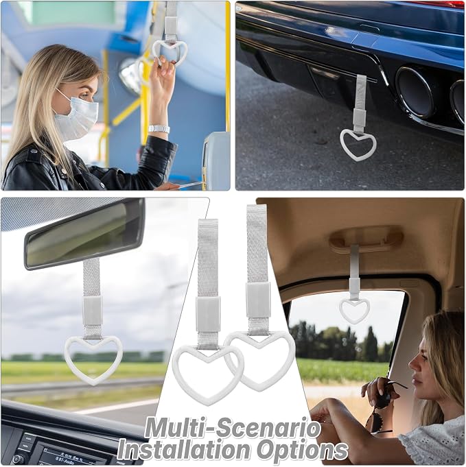 2 Pcs Heart Shaped Car Handle Strap – JD M Drift Charm Rear Bumper Warning Ring Decor for Car Interior Exterior, Subway Bus Handle Accessory, Cute Heart Car Decor Gift for Drivers (White-Silver)