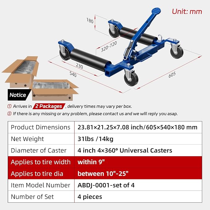 Car Dolly Jack Set of 4, Mechanical 1500-lbs Wheel Dolly, 9'' car Wheel Dolly Positioning Jack, Car Dollies for Vehicle Positioning & Auto Repair Moving, Blue