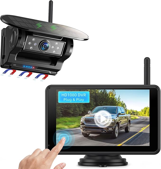 Magnetic Solar Wireless Backup Camera: HD1080P 5” Touchscreen Portable with DVR, BSD, 1-Min Install-Free IR Night Vision Hitch Backup Camera for Trailer/Truck/Small RV/Camper/Tractor-AWTCM501
