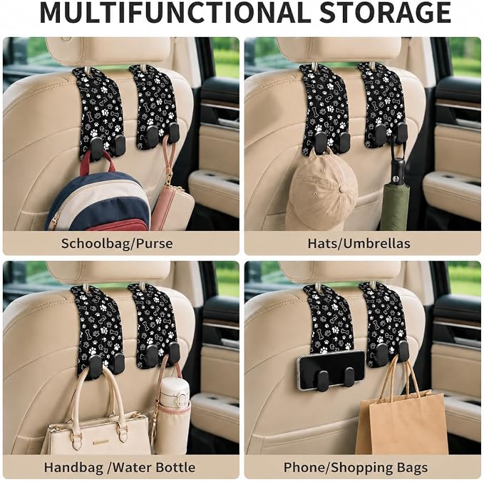 Cute Black Paw Car Seat Back Storage Headrest Hooks for Purses & Bags – 2PCS PU Leather Dual Metal Hooks, Backseat Organizer Accessories