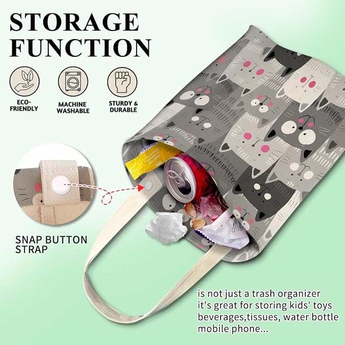 Cute Car Trash Bag, Hanging Car Organizer and Storage Bag, Trash Bin for Vehicle, Travelling, Camping - Cute Grey Cats