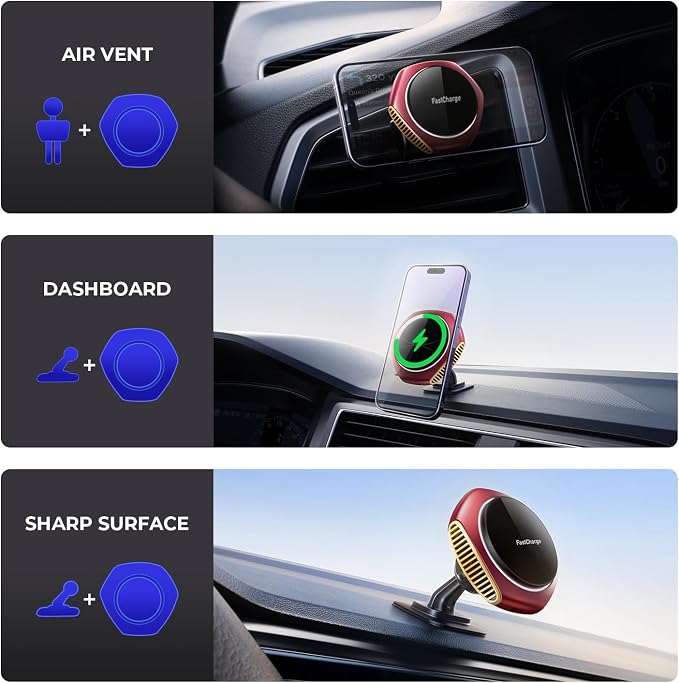 for MagSafe Car Mount Charger, 15W Zinc Alloy Fast Charging Magnetic Wireless Car Charger Phone Holders for Your Car Fits for iPhone 15 Pro Max Plus 14 13 12 Mini MagSafe Case - Red