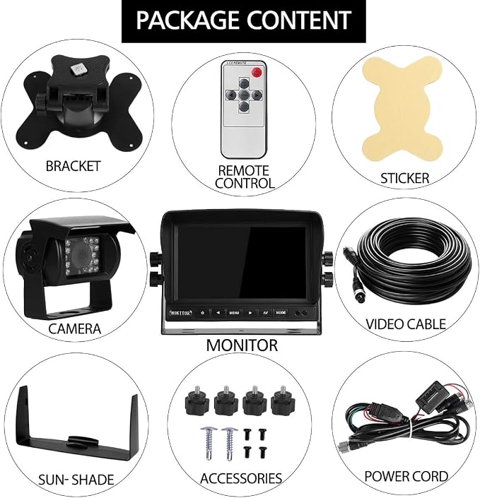 Backup Camera System Kit 7" LCD Reversing Monitor +Rear View Back Up Camera with 170 ° Wide Angle, Waterproof IP68, 18 Infrared Night Vision for Trucks/RV/Trailers/Bus/Vans/Box Truck