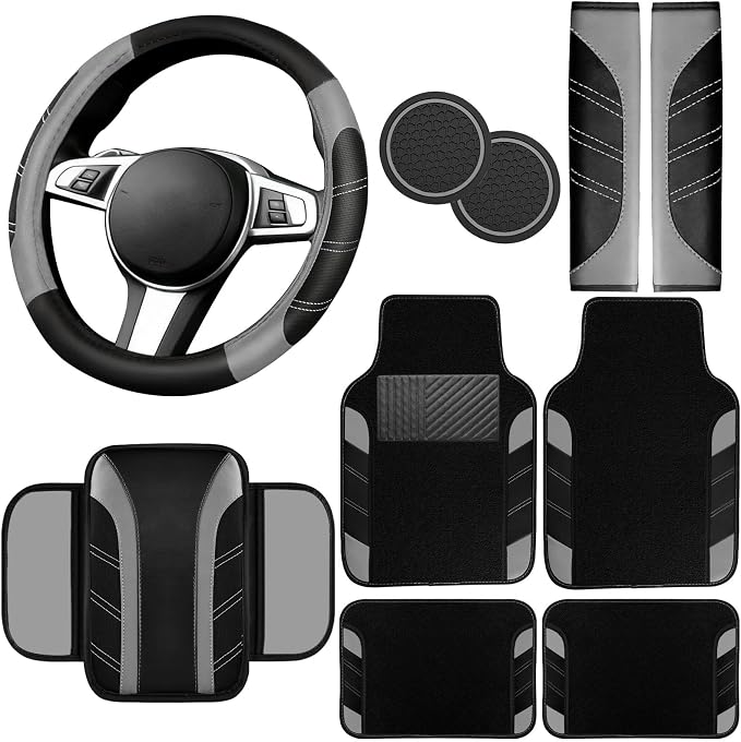 10 Pcs Car Floor Mats Full Set & Sport Leather Steering Wheel Cover 14.5-15 inch, Center Console Cover, Seat Belt Cushion, Cup Holder Coaster, Universal Automobile Interior Sets (Grey)