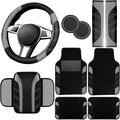 10 Pcs Car Floor Mats Full Set & Sport Leather Steering Wheel Cover 14.5-15 inch, Center Console Cover, Seat Belt Cushion, Cup Holder Coaster, Universal Automobile Interior Sets (Grey)