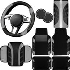10 Pcs Car Floor Mats Full Set & Sport Leather Steering Wheel Cover 14.5-15 inch, Center Console Cover, Seat Belt Cushion, Cup Holder Coaster, Universal Automobile Interior Sets (Grey)