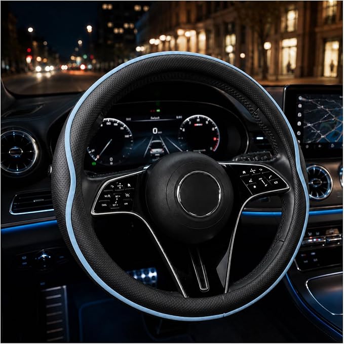 Car Steering Wheel Cover Full Surround - Soft Breathable Anti-Slip Heavyweight Safety Cover, Thick Cushioned Sports Style Universal Fit for Auto Truck SUV (Black/Sky Blue)