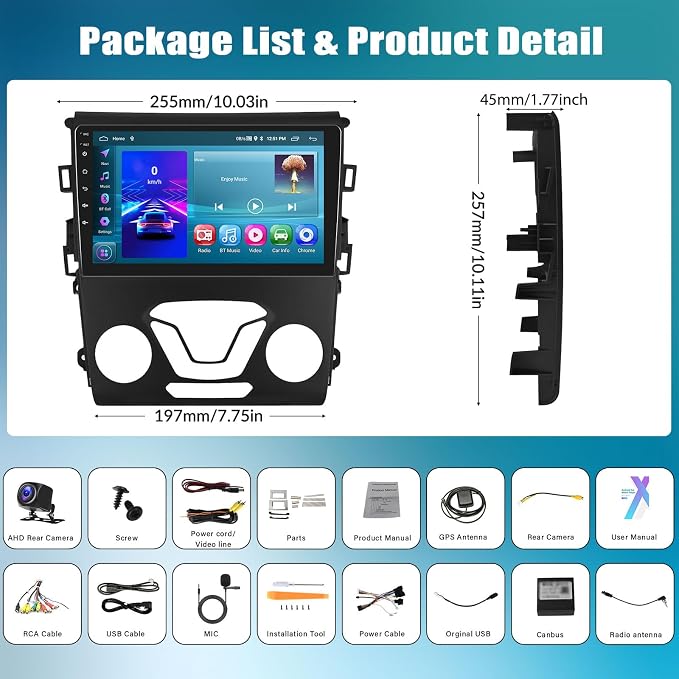 2+64G Android 15 Car Radio Stereo for Ford Fusion Mondeo 2013-2019 with Wireless CarPlay Android Auto, 9" Touchscreen in Dash GPS Radio with WiFi Mirror Link Bluetooth FM RDS EQ SWC Backup Camera