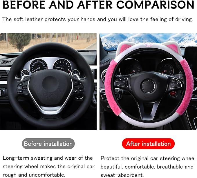 Car Steering Wheel Cover, Fluffy Soft Plush for Winter Warm, Cute Steering Wheel Protector with Kitty Cat Ears, Universal 15 Inch, Elastic & Anti-Slip, Lovely Decor Car Accessories (Rose Red)